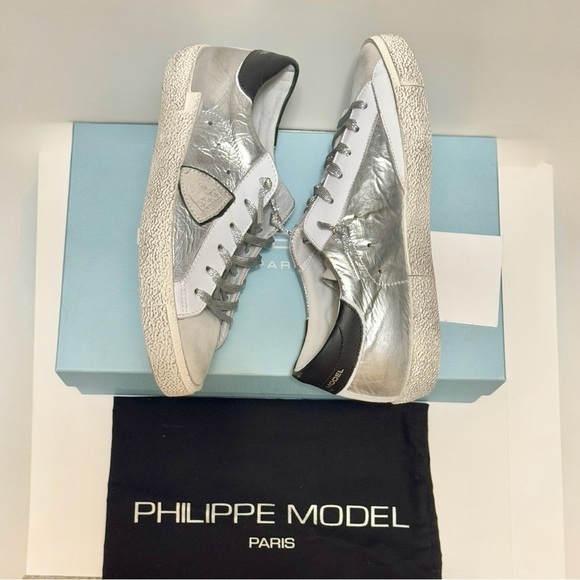 Philippe Model Paris Prsx Low Top Metallic Silver Leather Women's Sneaker Size 8 - Picture 11 of 15